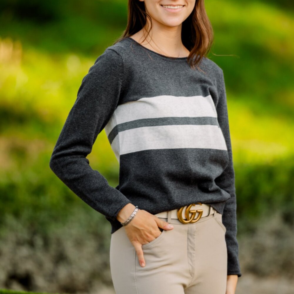 TKEQ Hampton Preppy Striped Crewneck Sweater Dark Gray White Cotton Cashmere XS